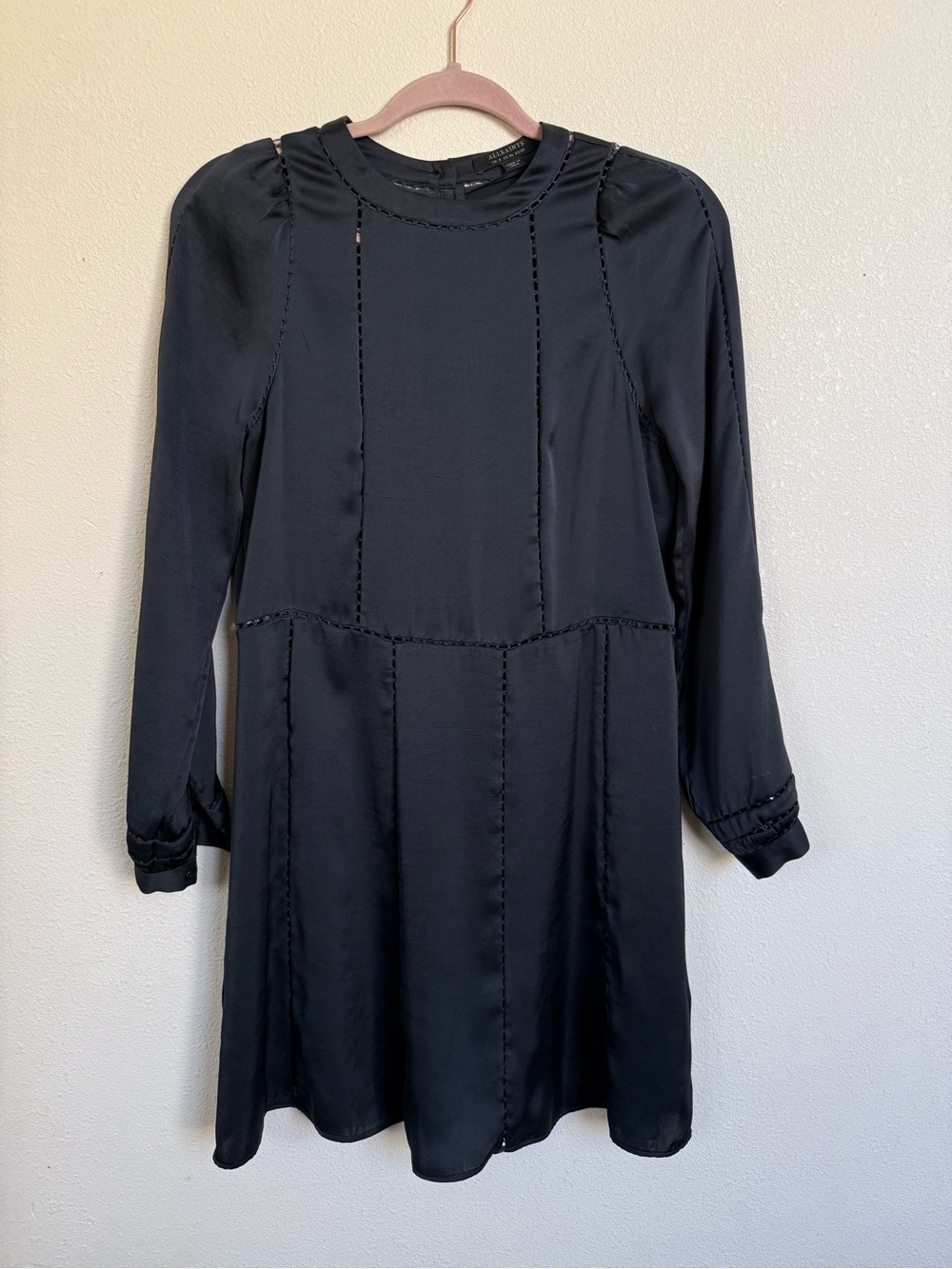 AllSaints Frieda Black Silk Look Mini Dress Cutout Trim US 00 XXS - Picture 2 of 12